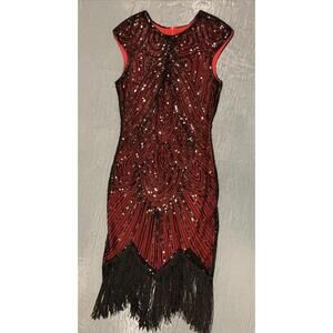 STUNNING Red & black Sequin FunDaisy Flapper Dress Size Small